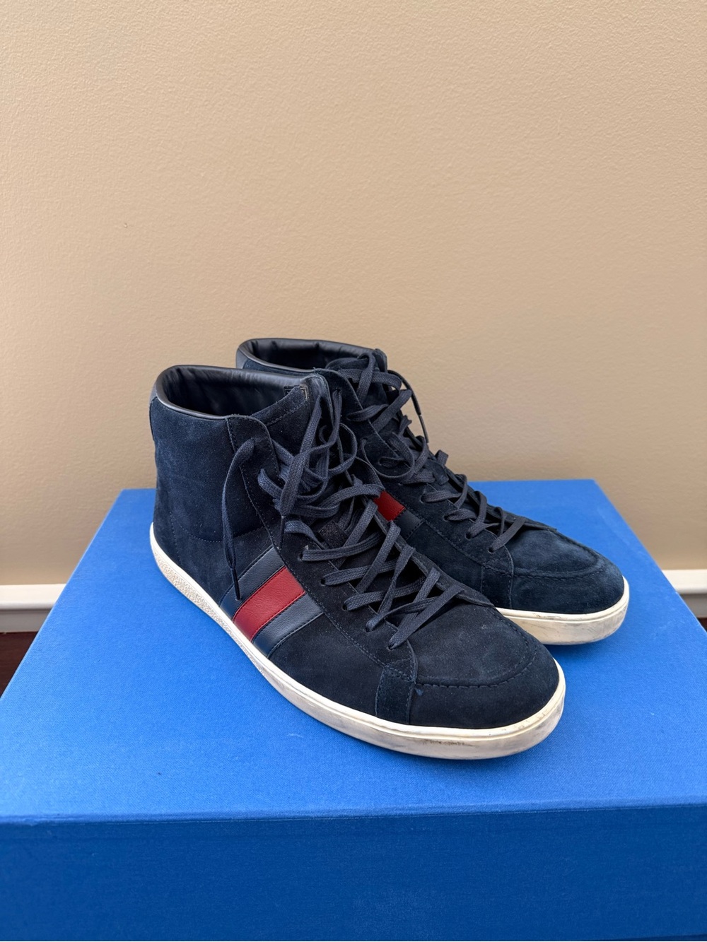 Gucci Blue Suede Web High-Top Sneakers with Red Accent